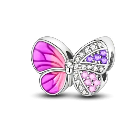 925 Sterling Silver Purple & Pink Cubic Zirconia Butterfly Charm/Pendant - NWT - Picture 1 of 5